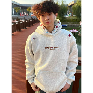 白花灰美式连帽式卫衣青少年男生ootd穿搭春秋情侣装字母刺绣上衣