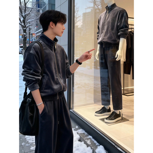 发型师轻奢高级感丝绒立领夹克男生轻熟风穿搭套装直筒宽松阔腿裤