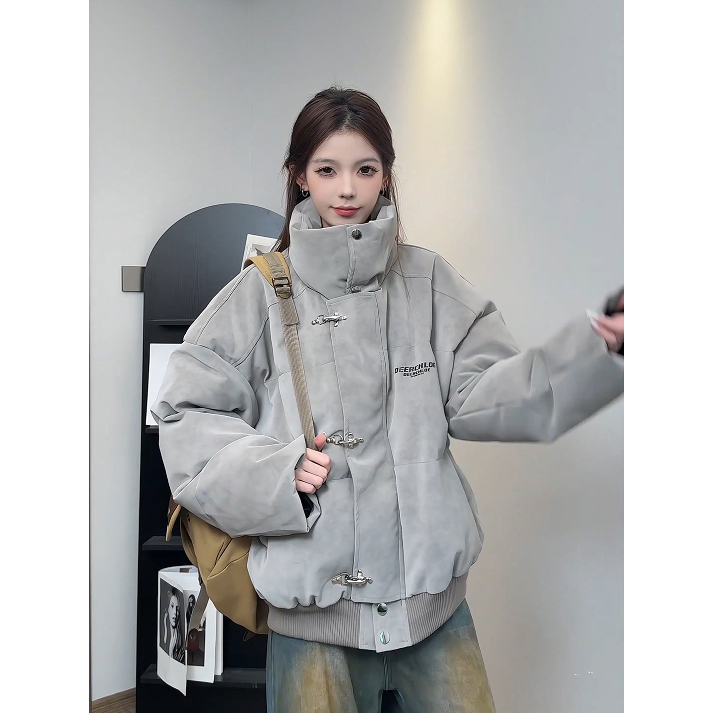 灰色扎染pu皮棉服外套男女冬季