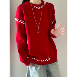 慵懒松弛感毛线衣 加厚保暖圆领针织衫 圣诞穿搭红色毛衣男女款 冬季