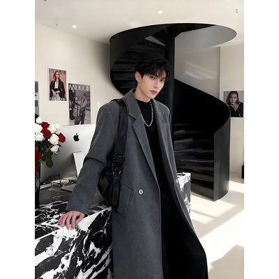 灰色英伦风中长款毛呢大衣男秋冬