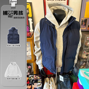 藏青色立领羽绒棉马甲男秋冬季叠穿灰色连帽卫衣套装美式复古坎肩