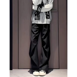 黑色褶皱微喇西裤男生冬季高级感垂感加绒裤子修身显瘦直筒休闲裤