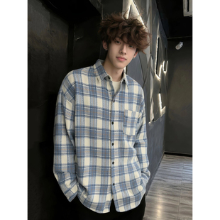 蓝色磨毛格子衬衫男款秋冬美式翻领长袖衬衣cleanfit叠穿情侣外套