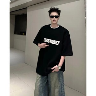 美式高街贴布刺绣t恤男夏季高克重磅硬挺短袖痞帅高级感五分半袖