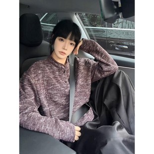 正肩长袖 老钱风慵懒风针织毛衣美式 t恤 秋季 紫红色亨利领卫衣男款