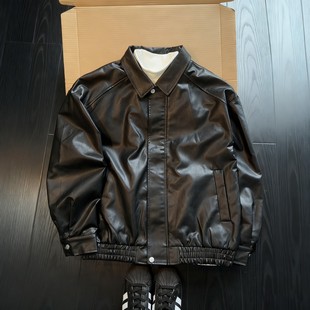 翻领棒球服 痞帅cleanfit飞行夹克短款 黑色机车pu皮外套男秋季 美式