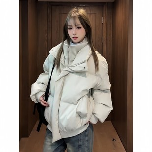 美式假两件pu皮羽绒棉衣男女款冬季加厚保暖面包服情侣防寒厚棉服