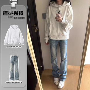 bcare浅蓝色微喇牛仔裤男美式高街cleanfit裤子高腰提档显瘦长裤