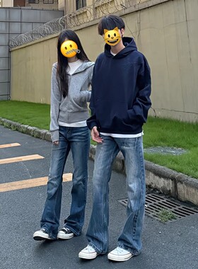 cra蓝色闪电纹牛仔裤男秋季美式高街休闲长裤显高显瘦修身微喇裤
