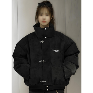 黑色短款pu皮羽绒棉服男冬季美式飞机扣立领外套高级感保暖面包服