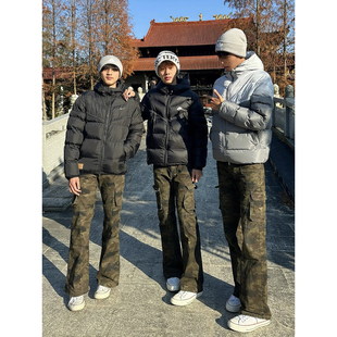 美式迷彩工装牛仔裤男款冬季潮牌痞帅弯刀裤子显瘦修身直筒微喇裤