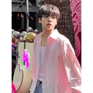 多巴胺纯棉浅粉色衬衫夏季薄款外套防晒夹克长袖衬衣情侣一男一女