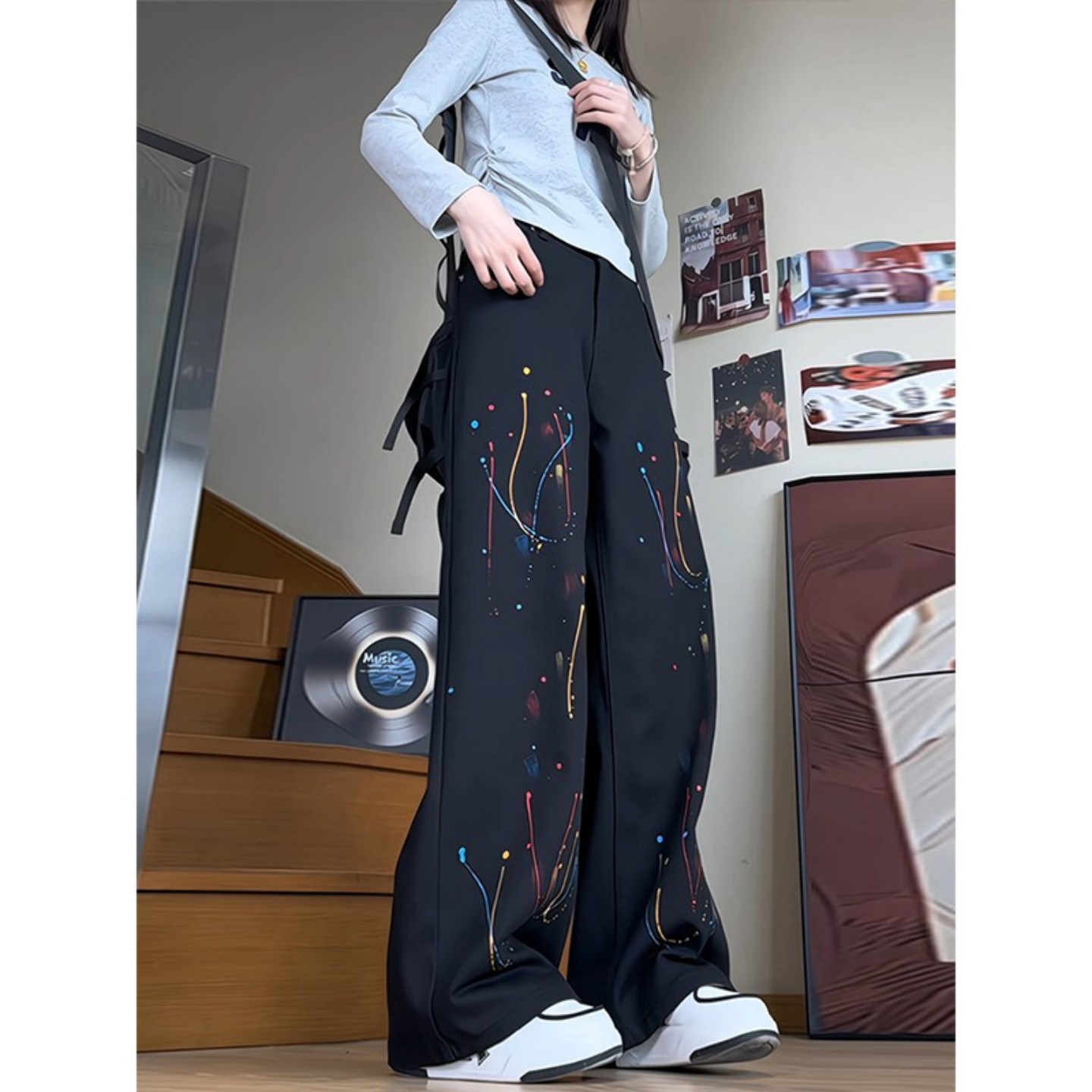 黑色泼墨涂鸦牛仔裤男女秋季美式
