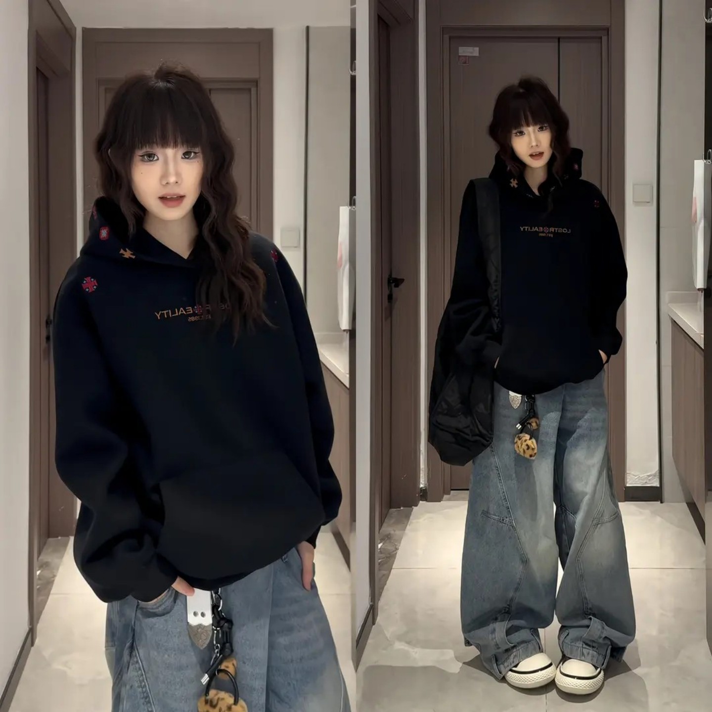 美式设计感刺绣加绒卫衣男女秋冬