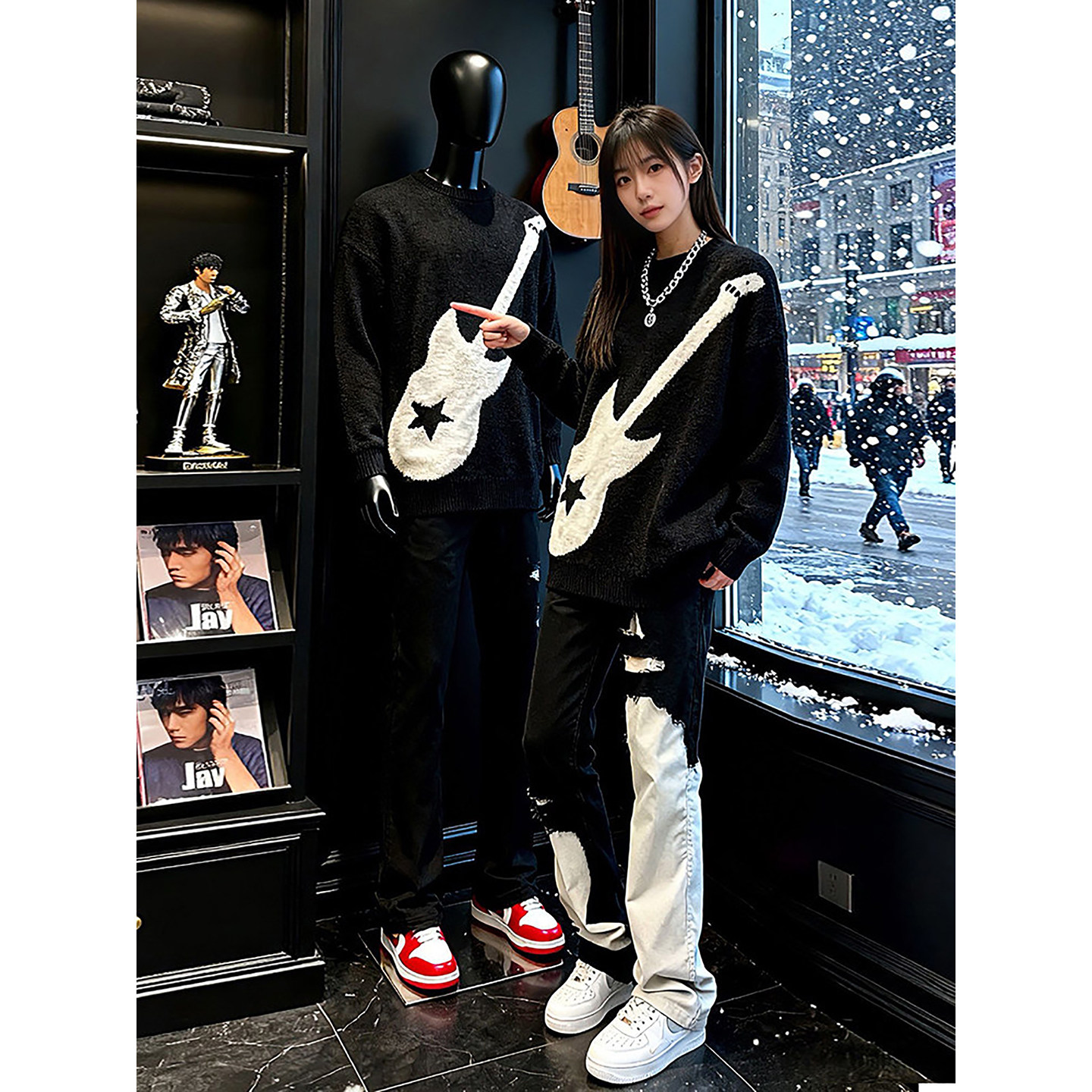 美式高街电吉他提花毛衣男款冬季加厚马海毛情侣针织衫慵懒风外套