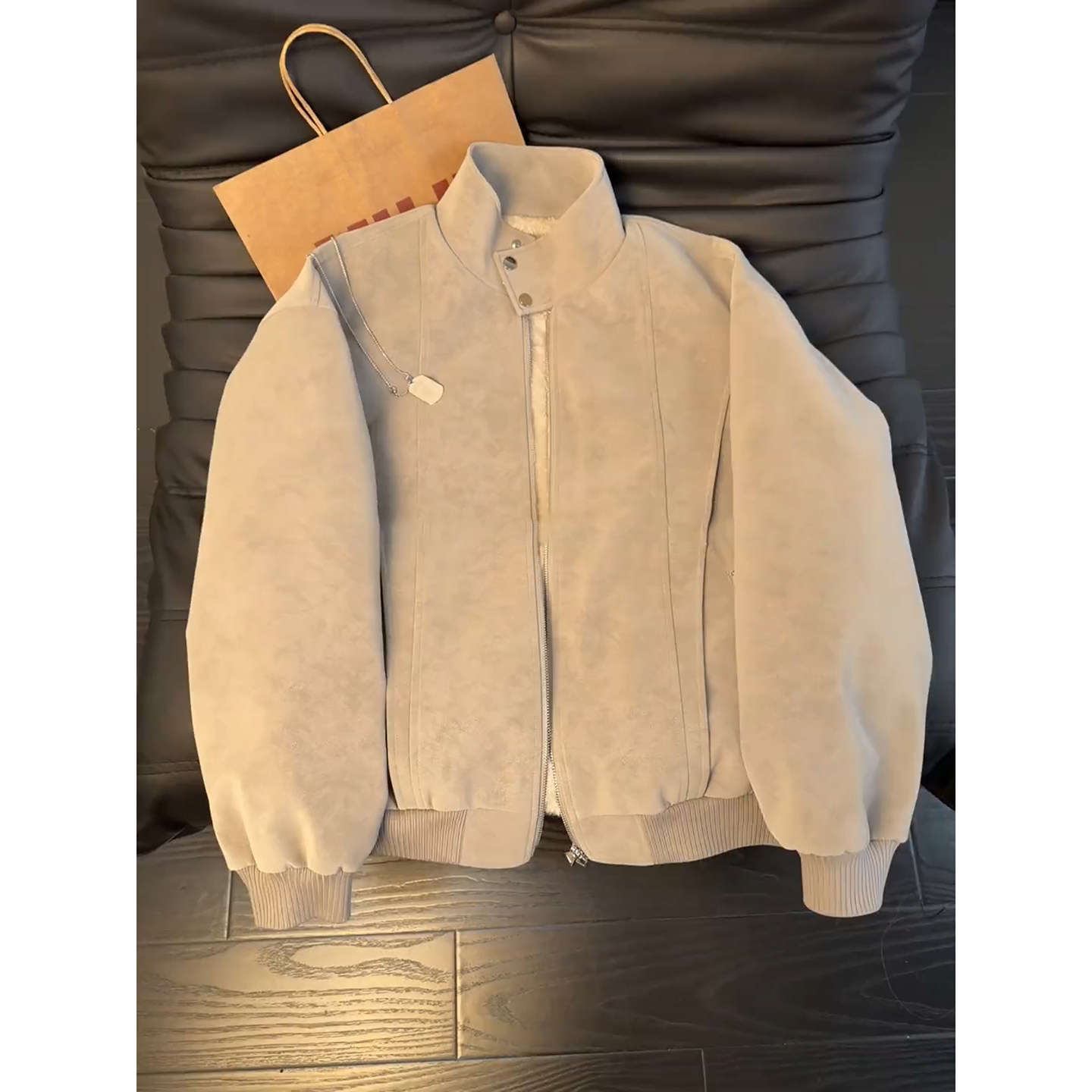 美式复古一体绒皮夹克男款秋冬羊羔毛加绒外套斜切拼接立领棉衣服,男装,夹克,淘宝优惠券,粉丝福利购,淘宝优惠卷