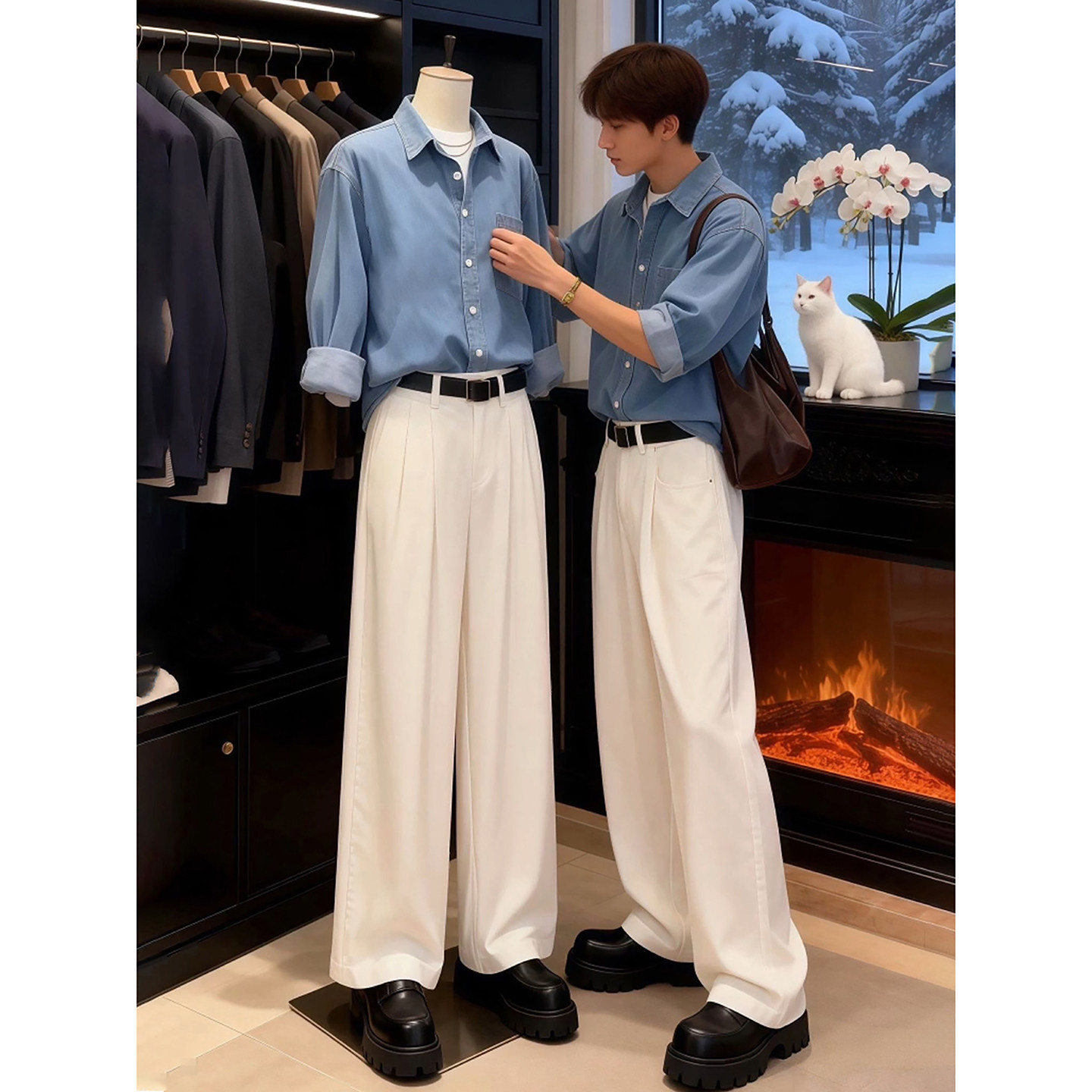 浅蓝色重磅水洗牛仔衬衫男春秋季高级感翻领外套叠穿廓形长袖衬衣