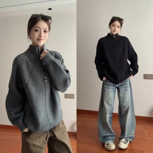 半高领毛织衫 双拉链毛线衣厚款 外套 男女秋冬季 韩系老钱风针织开衫