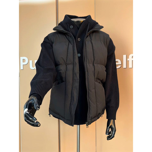 黑色立领棉服马甲搭配连帽毛衣套装男冬季慵懒风穿搭针织衫两件套