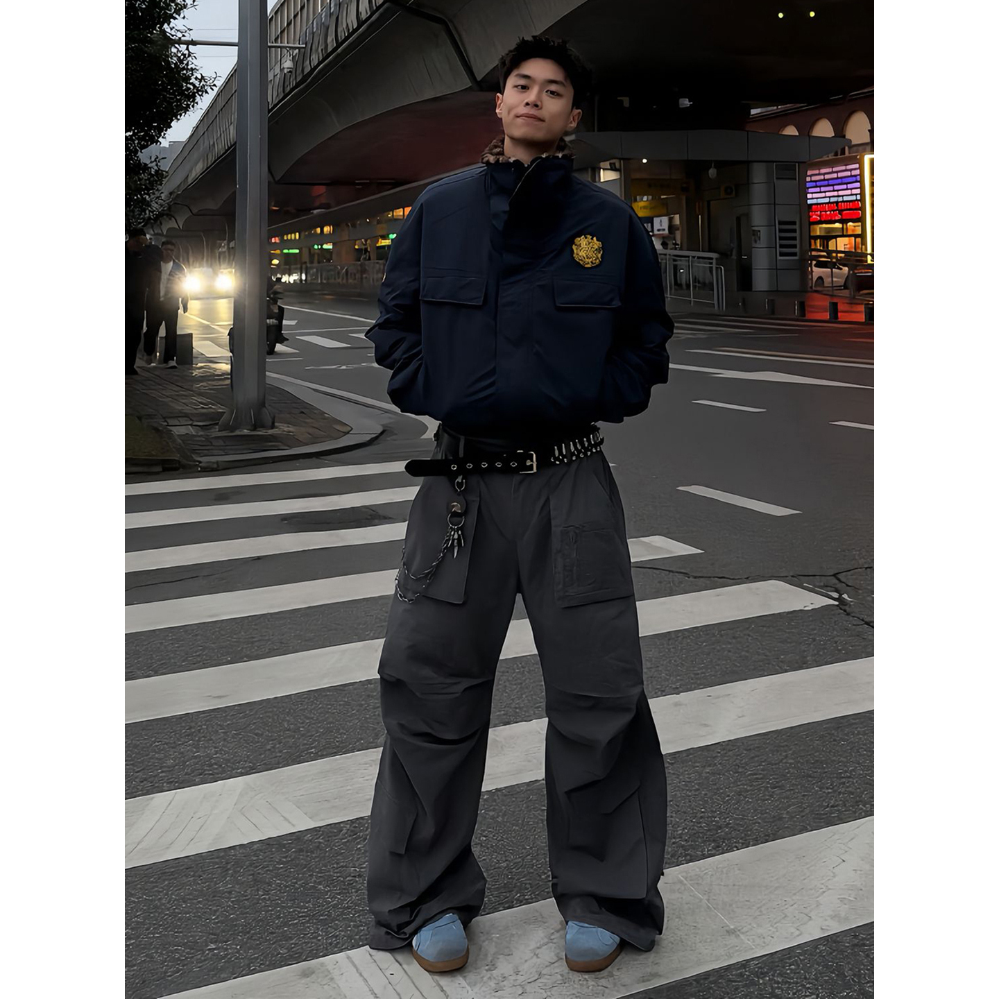 藏青色豹纹座山雕夹克男款冬季