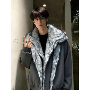 极地狼王座山雕假两件棉服男冬季短款皮毛一体棉衣美式毛领厚外套