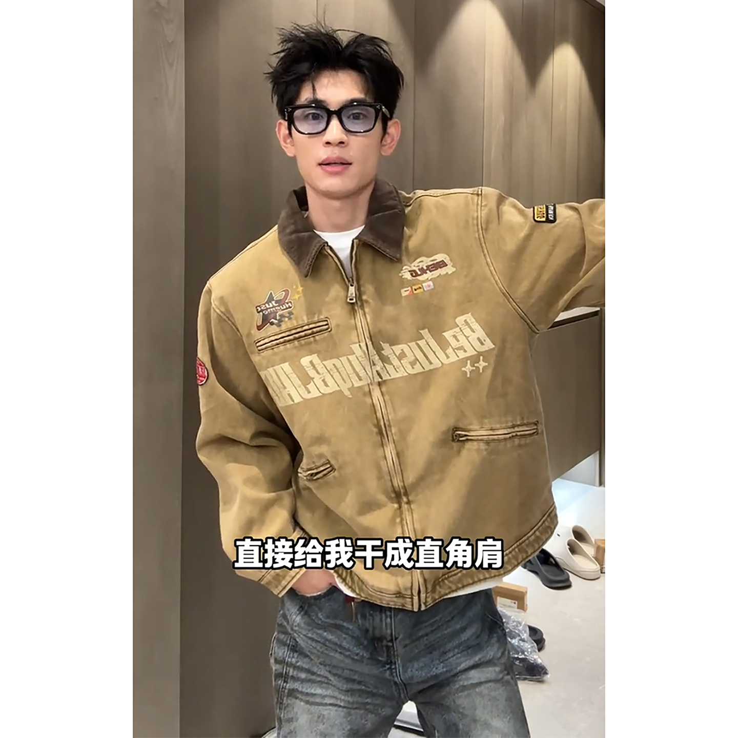 卡其色巴恩风贴布刺绣夹克男款秋季潮牌痞帅高级感底特律工装外套