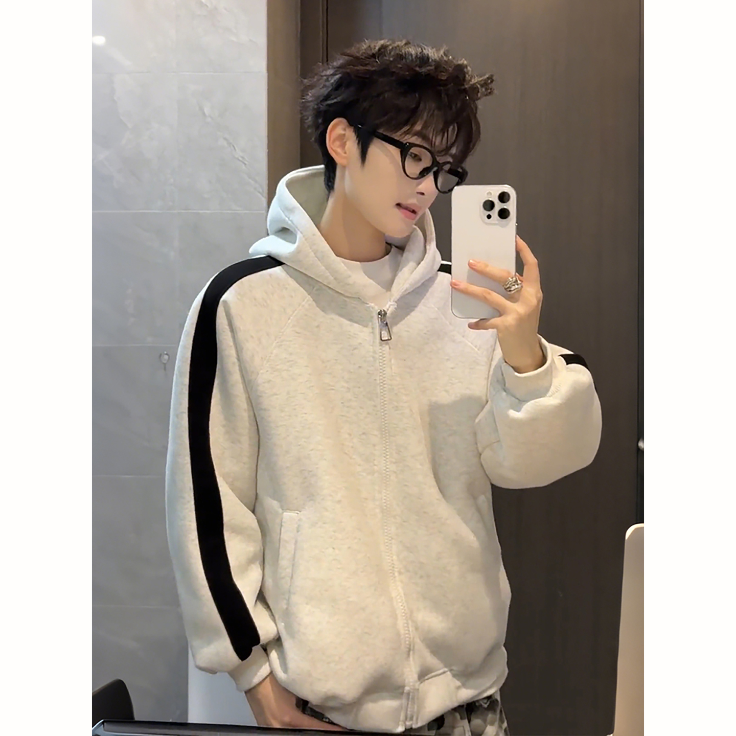 白灰色美式连帽开衫卫衣男秋冬季