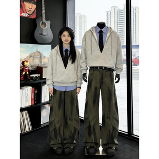 假两件衬衫拼接V领卫衣男款春秋重磅慵懒风连帽衫美式学院风外套