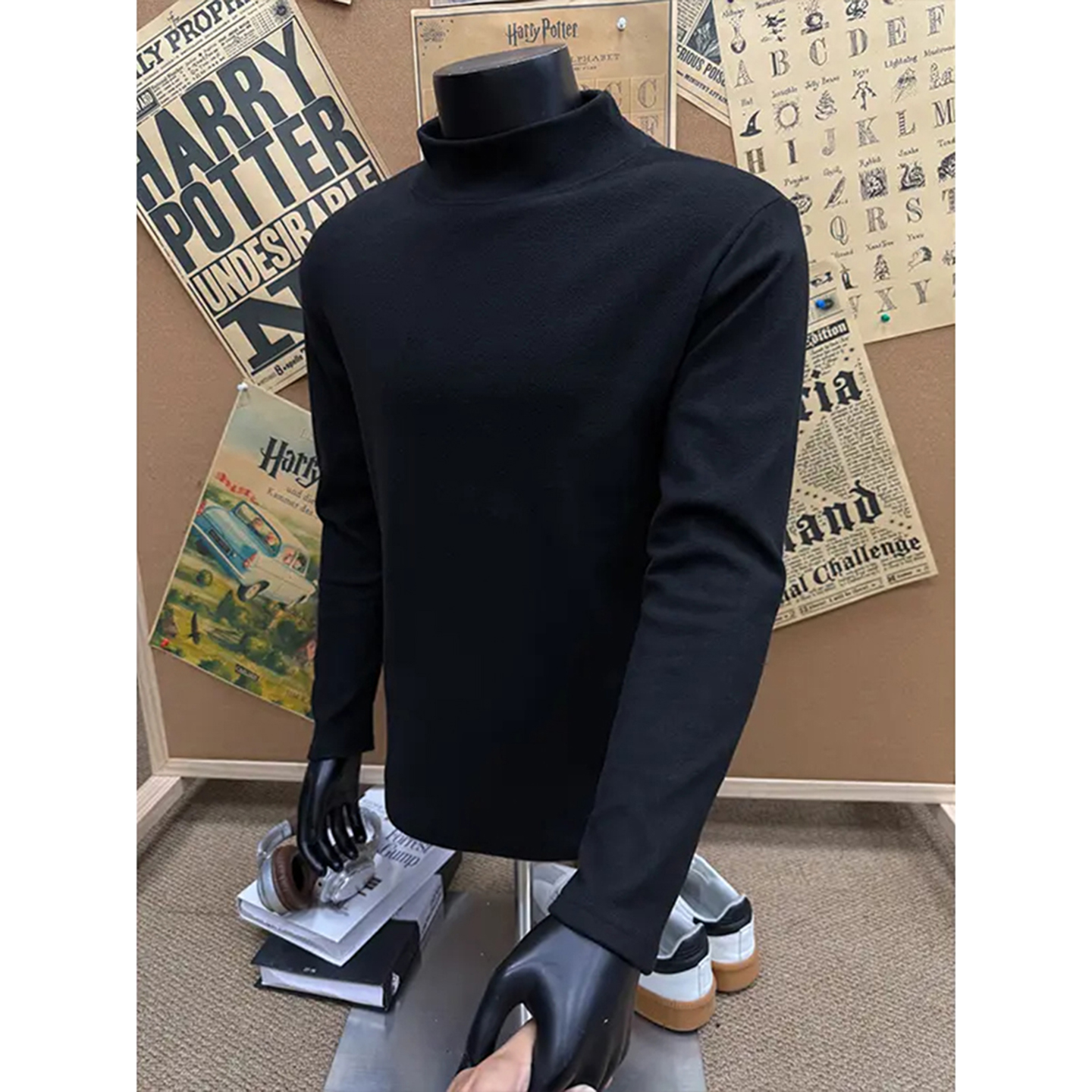 黑色半高领德绒打底衫男秋冬