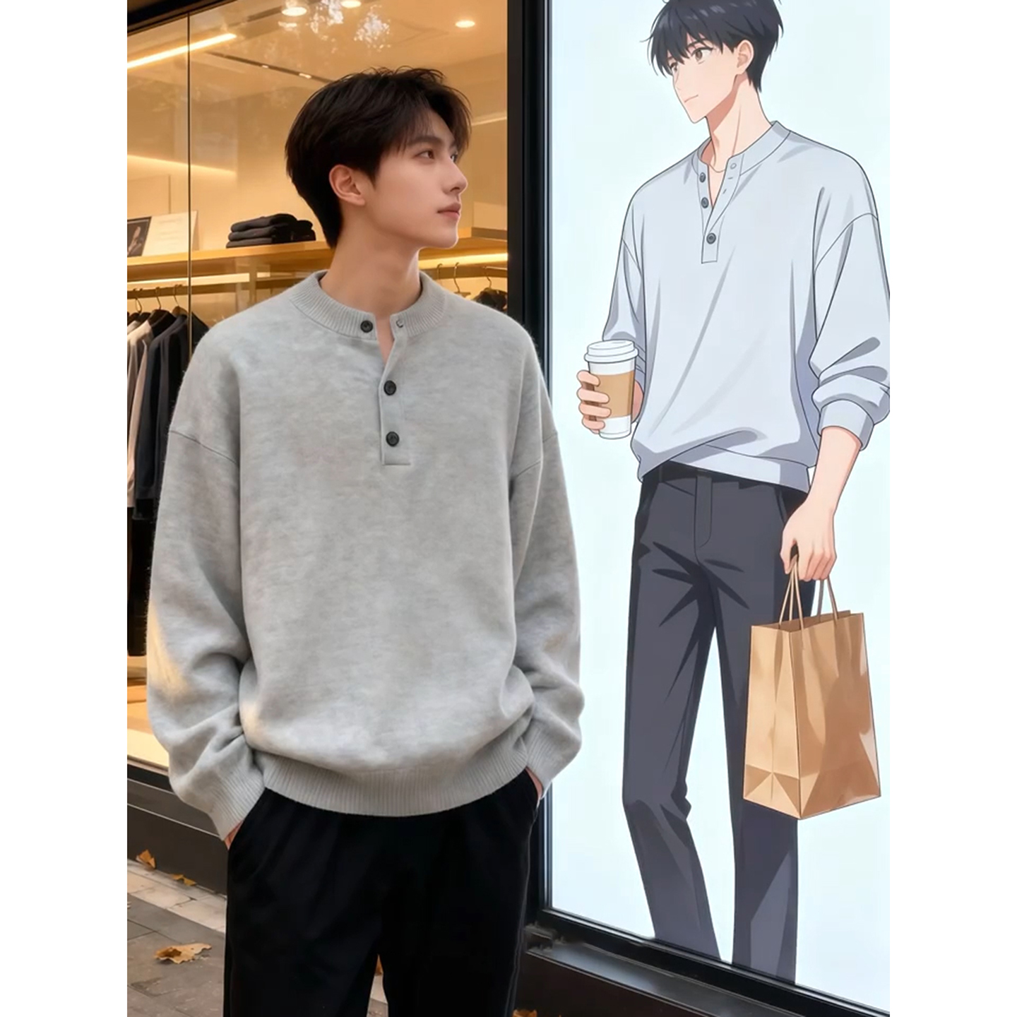 浅灰色亨利领毛衣男秋冬外穿加厚