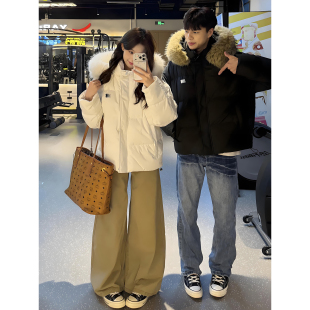 美式短款可拆卸毛领羽绒棉服男款冬季加厚连帽棉衣外套情侣面包服