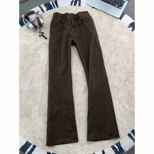 咖色斜切微喇叭直筒牛仔裤男款