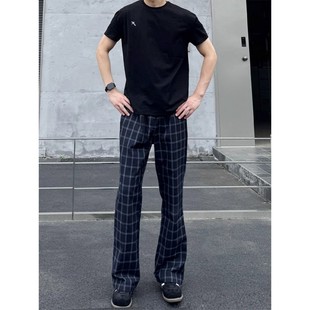 何以至此格子裤男款夏季cleanfit美式微喇弯刀裤子直筒显瘦休闲裤
