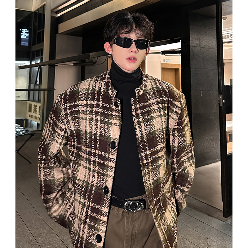 美式复古格子立领夹克男款秋冬季