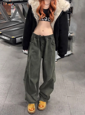 军绿色工装阔腿裤男女冬季加绒加厚水洗纯棉直筒裤子微喇休闲长裤