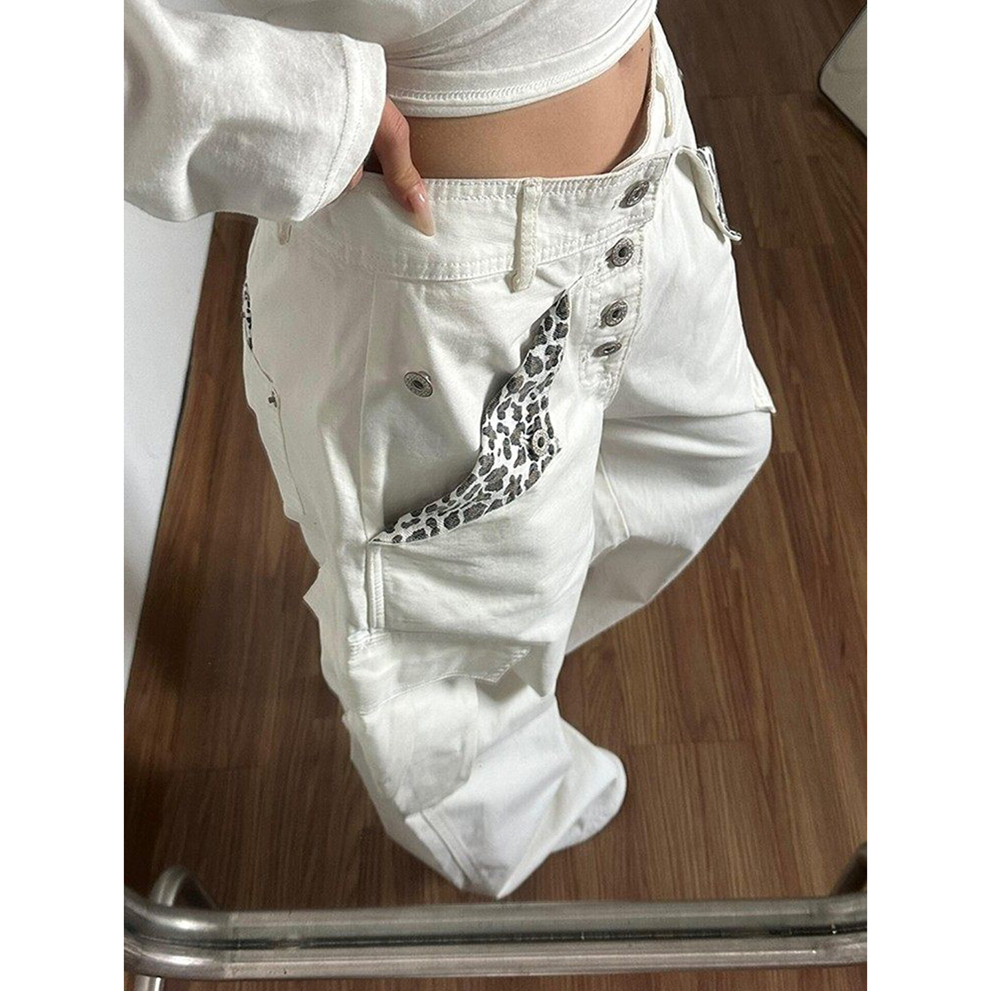 白色豹纹拼接排扣牛仔裤男美式vibe潮牌炸街裤子多口袋褶皱工装裤,男装,牛仔裤,淘宝优惠券,粉丝福利购,淘宝优惠卷