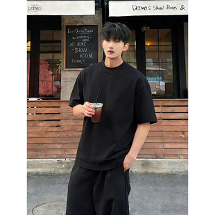 cleanfit黑色纯棉t恤男生夏季美式小领口重磅短袖高级感五分半袖