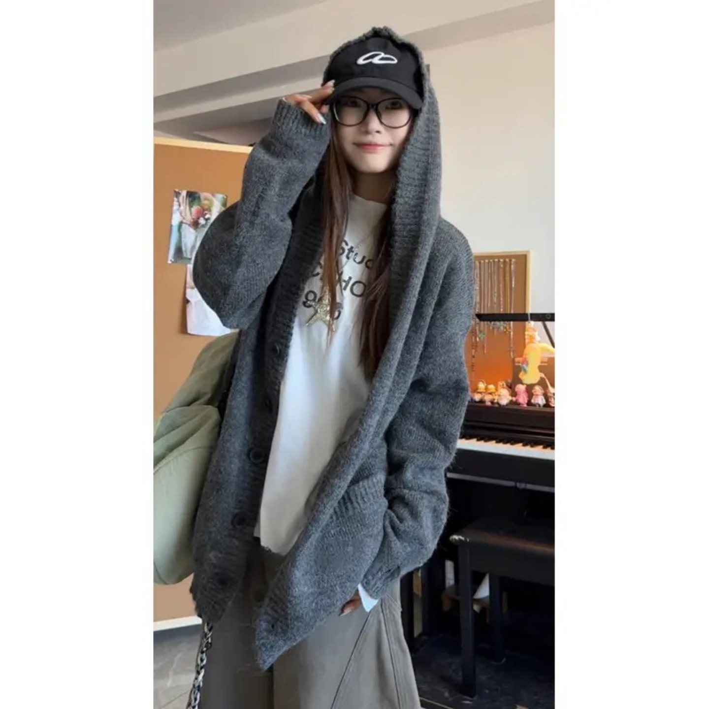 韩版慵懒风道袍开衫连帽毛衣男款