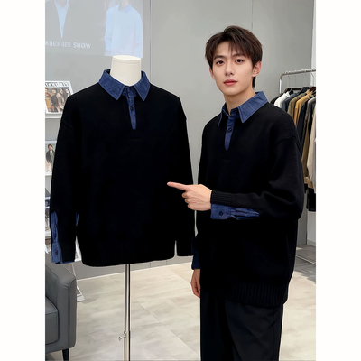 黑色假两件衬衫领毛衣男款秋冬