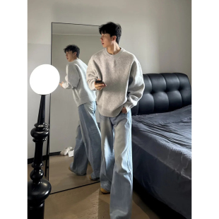软糯慵懒风纯色保暖打底衫 cleanfit浅灰色圆领毛衣男款 内搭针织衫