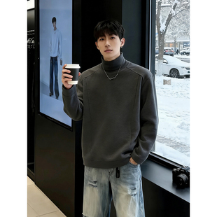 深灰色双面德绒打底衫男秋冬美式半高领长袖t恤内搭保暖加绒卫衣