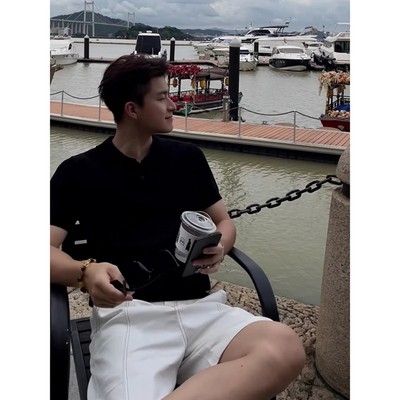 黑色竖条纹针织polo衫男款夏季