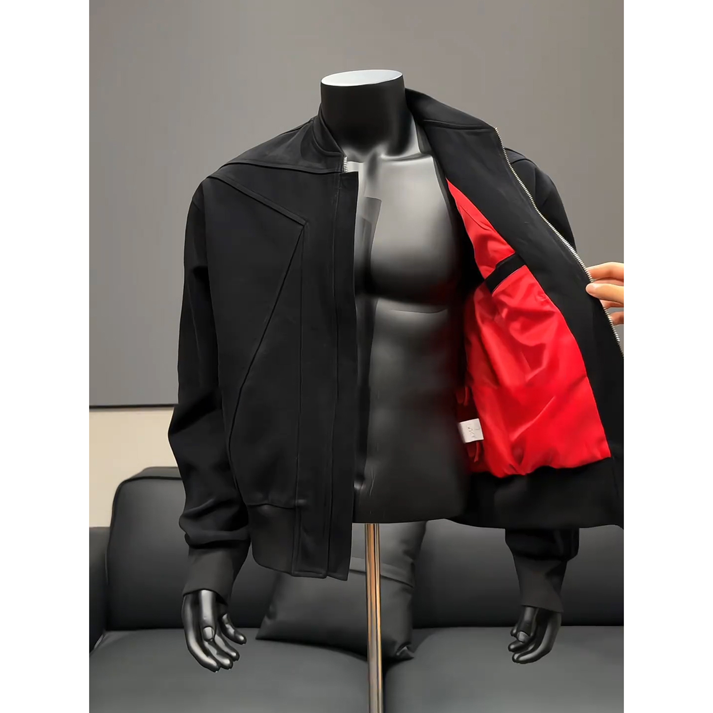 黑外红内bomber夹克重磅美式痞帅