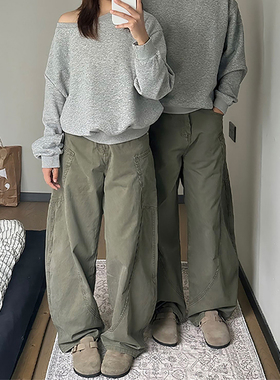 军绿色弯刀工装裤男秋季美式高街vibe伐木裤子重磅解构直筒牛仔裤