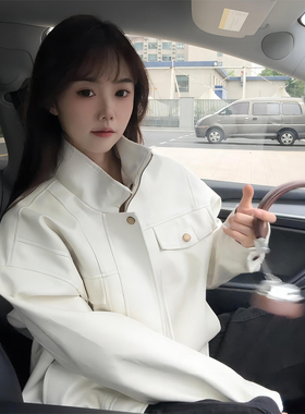 白色解构pu皮衣外套男秋季美式立领机车夹克高级感痞帅短款棒球服