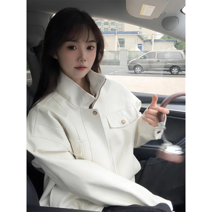 白色解构pu皮衣外套男秋季美式立领机车夹克高级感痞帅短款棒球服