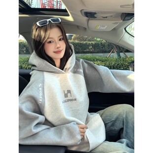 浅灰色撞色连帽卫衣男秋冬美式 上衣 boxy刺绣外套重磅硬挺内搭长袖