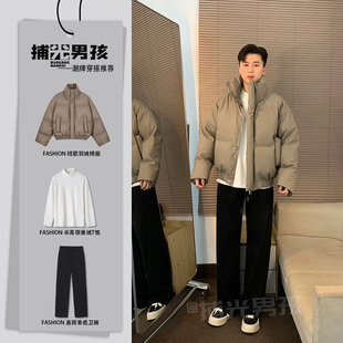 美拉德短款pu皮羽绒服男生搭配一整套冬装韩系穿搭高级感三件套装