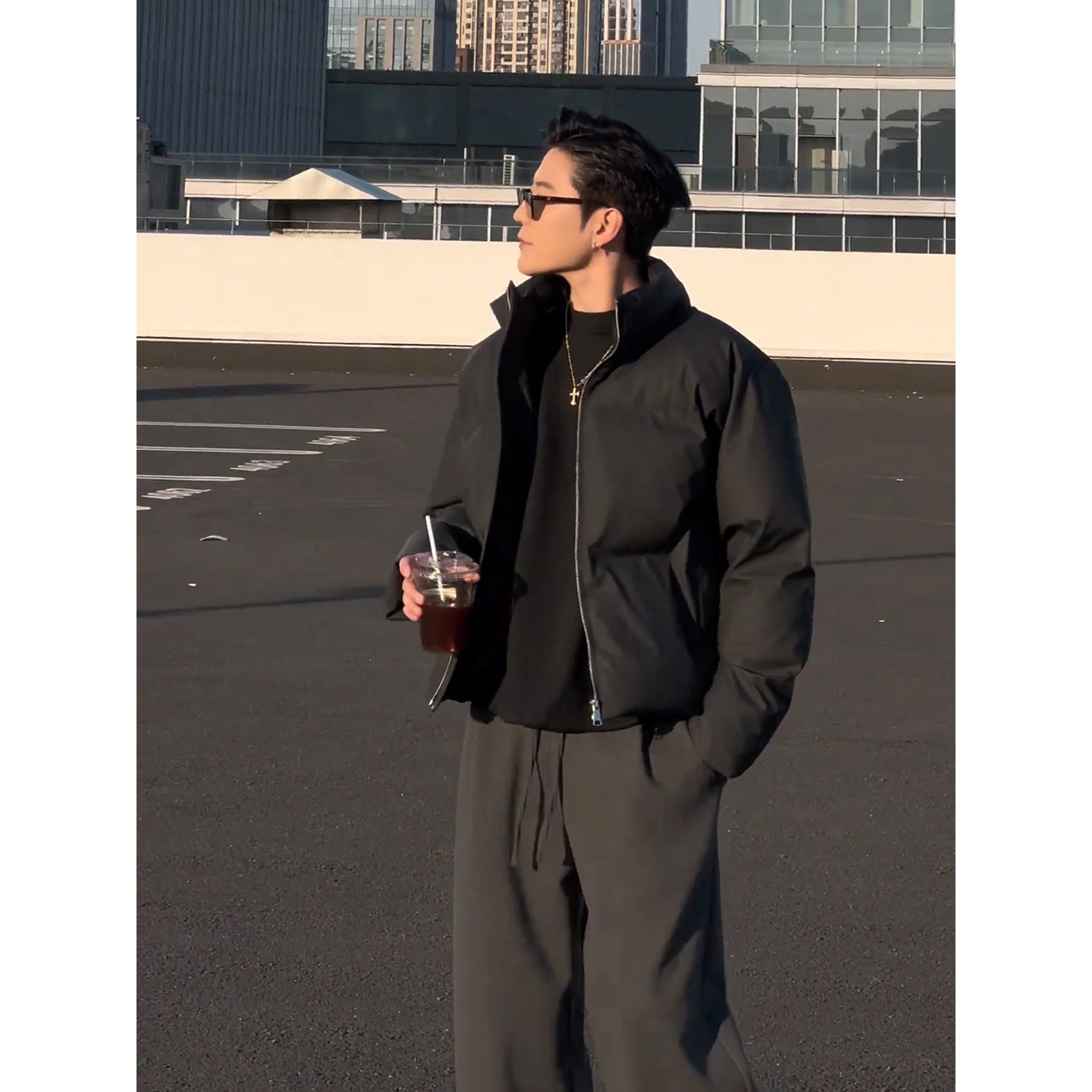 黑色短款pu皮羽绒棉衣男款冬季